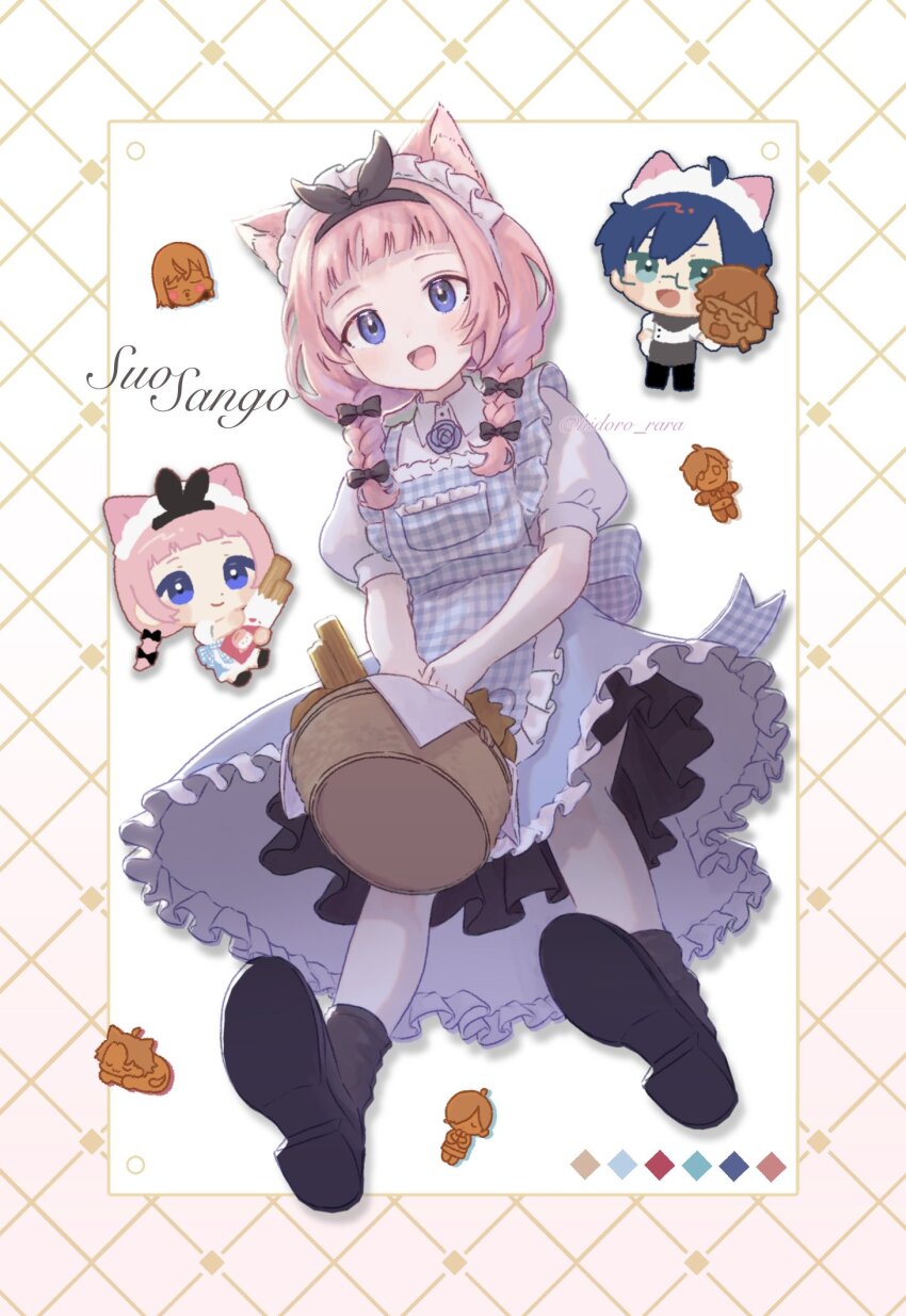 1boy 1girl :d animal_ears apron aqua-framed_eyewear aqua_eyes back_bow basket black_bow black_hairband black_pants black_shoes black_skirt blue_apron blue_eyes blue_flower blue_hair blue_rose blue_skirt blunt_bangs blush blush_stickers border bow bow_hairband braid bread character-themed_food character_name chibi churro collared_shirt dot_nose drop_shadow flower food frilled_apron frilled_skirt frills from_below gingham_apron glasses gloves gradient_border grey_socks grid_border hair_bow hair_over_shoulder hairband hashtag-only_commentary hidoro_rara highres higuchi_kaede holding holding_basket holding_food kanae_(nijisanji) kemonomimi_mode layered_skirt leos_vincent long_hair looking_at_viewer low_twin_braids maid_headdress medium_skirt multiple_views nanajigen_seitokai_(nijisanji) neck_flower nijisanji open_mouth pants pantyhose pink_hair puffy_short_sleeves puffy_sleeves rose ryuushen saegusa_akina shirt shoes short_hair short_sleeves skirt smile socks suo_sango twin_braids twitter_username very_short_hair virtual_youtuber white_background white_gloves white_headdress white_pantyhose white_shirt yellow_border