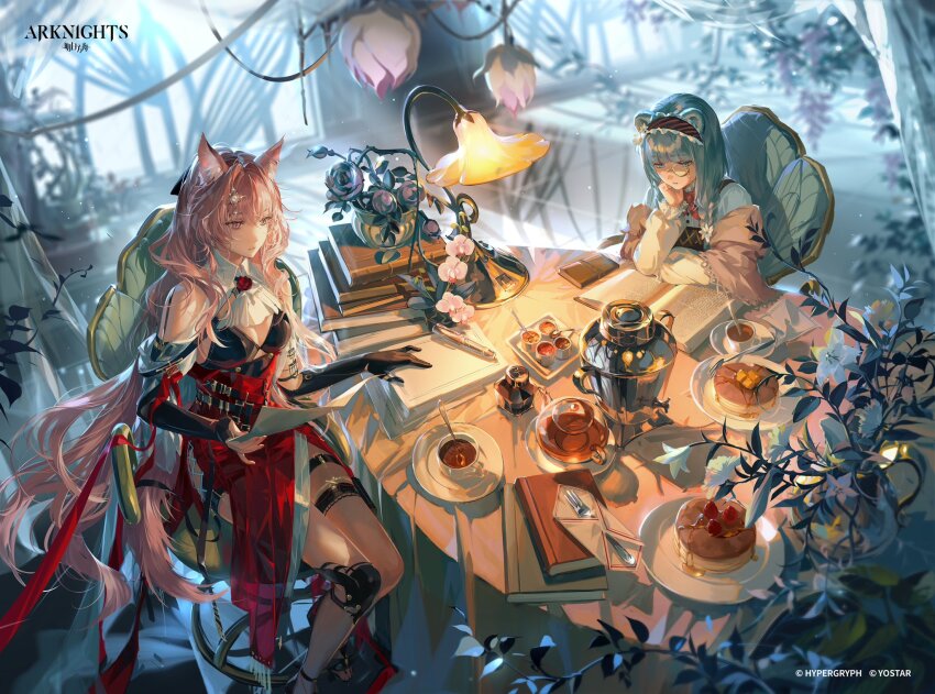 animal_ear_fluff animal_ears arknights artist_name ascot bear_ears black_sleeves blue_dress book book_stack breasts brown_shawl cake chair chinese_commentary cleavage commentary_request copyright_name cup curtains detached_collar detached_sleeves dress feet_out_of_frame flower food hairband head_rest highres holding holding_paper indoors istina_(arknights) istina_(bibliosmia)_(arknights) lamp long_hair looking_down monocle official_art open_book paper paper_stack pen pink_eyes pink_flower pink_hair plant pozyomka_(arknights) reading red_dress red_hairband rrr_(reason) saucer shawl table tablecloth tail teacup teapot teaspoon very_long_hair white_ascot white_flower wolf_ears wolf_girl wolf_tail
