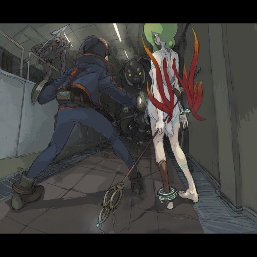 1girl anklet bad_id bad_pixiv_id barefoot breath_of_fire breath_of_fire_v degite dress green_hair jewelry letterboxed monster nina_(breath_of_fire_v) pig polearm ponytail red_wings ryu_(breath_of_fire_v) shield short_hair spear sword tattoo weapon wings