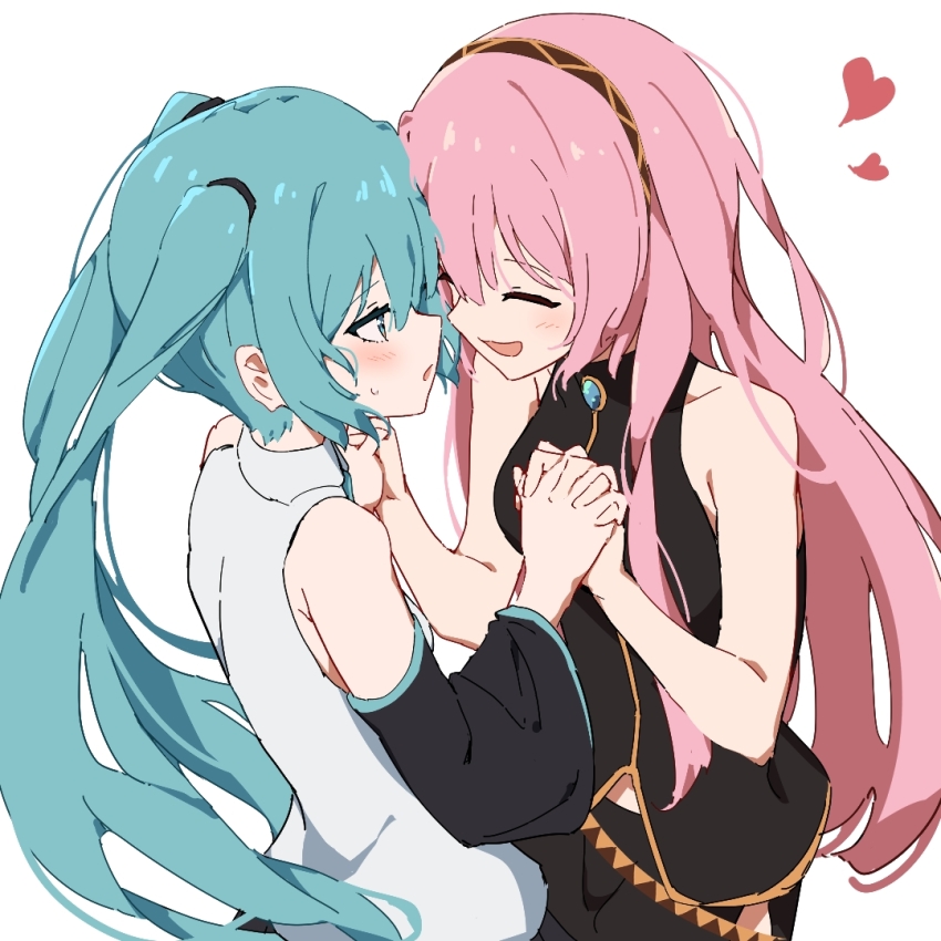 2girls black_shirt blue_eyes blue_hair blush closed_eyes collared_shirt commentary_request detached_sleeves giryu hatsune_miku heart holding_hands interlocked_fingers megurine_luka multiple_girls open_mouth pink_hair shirt simple_background sleeveless sleeveless_shirt smile twintails upper_body vocaloid white_background white_shirt yuri