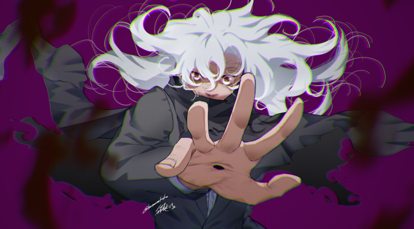 1boy black_cape black_jacket boku_no_hero_academia cape hamanekoko highres jacket long_hair looking_at_viewer outstretched_arm reaching reaching_towards_viewer red_eyes shigaraki_tomura solo suit_jacket white_hair wrinkled_skin