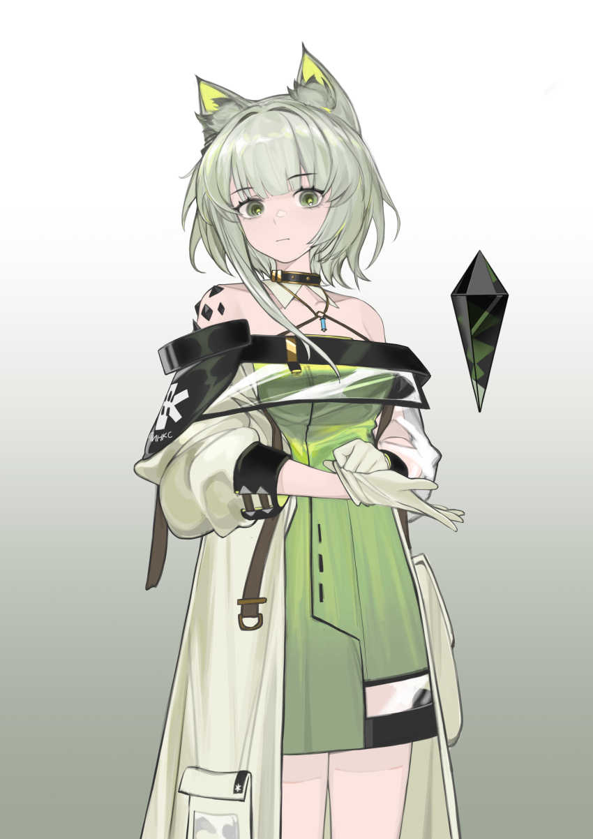 1girl absurdres animal_ear_fluff animal_ears arknights bare_shoulders black_collar cat_ears cat_girl closed_mouth coat collar cowboy_shot dress fang_bai_doufu_wu gloves green_dress green_eyes grey_hair highres kal&#039;tsit_(arknights) long_sleeves looking_at_viewer material_growth off-shoulder_dress off_shoulder open_clothes open_coat oripathy_lesion_(arknights) short_hair solo white_coat white_gloves