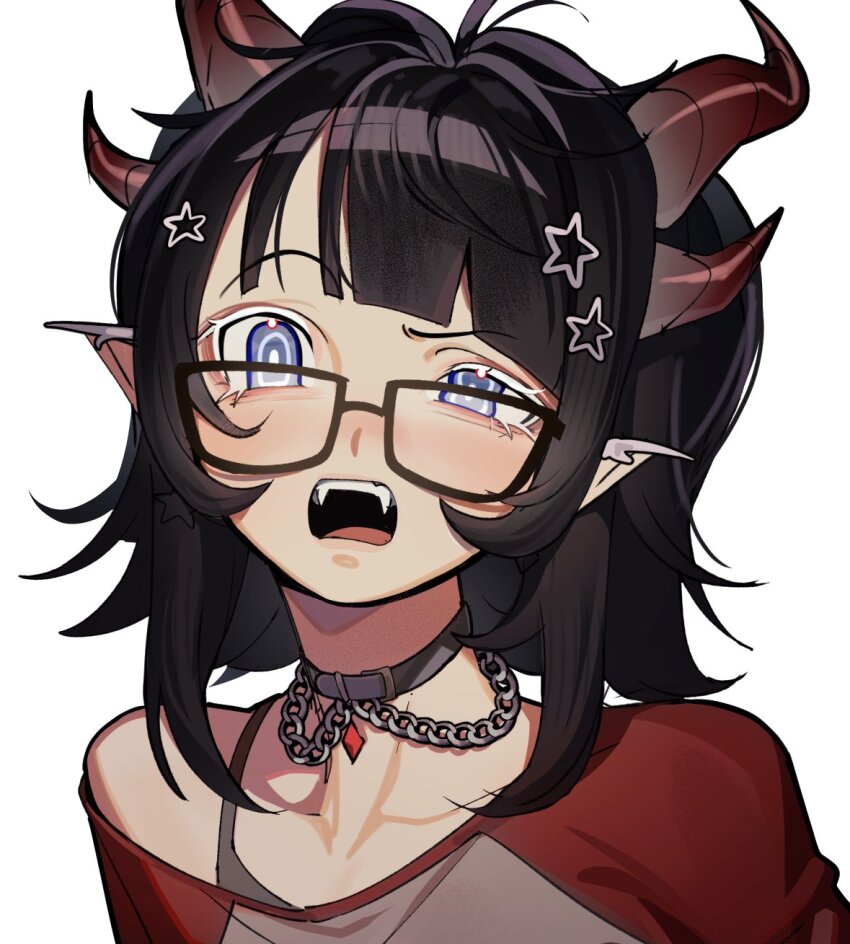 black_hair chain choker colored_eyelashes erinartista fangs hair_ornament highres horns open_mouth original pale_skin pointy_ears shirt solo star_(symbol) star_hair_ornament teeth upper_teeth_only white_eyelashes
