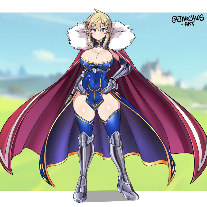 1girl @_(symbol) alternate_breast_size arm_armor armor armored_boots armored_gloves artist_name artoria_pendragon_(fate) artoria_pendragon_(lancer)_(fate) artoria_pendragon_(lancer)_(fate)_(cosplay) blonde_hair blue_eyes blush boots breasts cape cleavage closed_mouth cosplay fate/grand_order fate_(series) fur-trimmed_cape fur_trim genderswap genderswap_(mtf) highres jarckius large_breasts link nintendo pointy_ears sleeveless sleeveless_turtleneck smile the_legend_of_zelda the_legend_of_zelda:_breath_of_the_wild the_legend_of_zelda:_tears_of_the_kingdom thick_thighs thighhighs thighs turtleneck