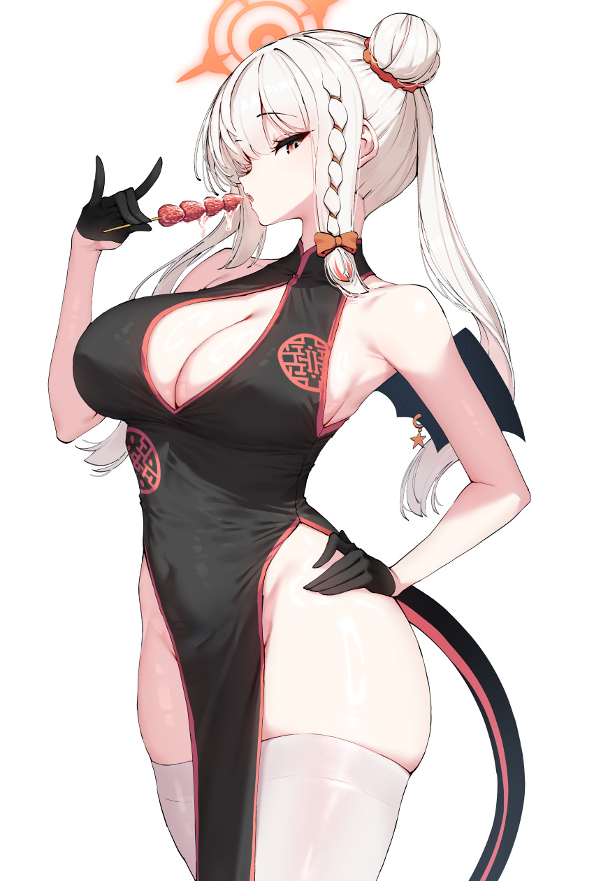 1girl absurdres arched_back armpits bare_shoulders black_dress black_gloves black_tail black_wings blue_archive bow breast_cutout breasts china_dress chinese_clothes cleavage cow dress food fox_shadow_puppet fruit gloves hair_bow hair_bun half-closed_eyes halo hand_on_own_hip hand_on_own_thigh hand_up haruna_(blue_archive) highres kagi_f large_breasts looking_at_viewer looking_to_the_side open_mouth orange_eyes orange_halo pelvic_curtain simple_background single_wing skindentation sleeveless sleeveless_dress solo strawberry tail tanghulu thick_thighs thighhighs thighs twintails white_background white_hair white_thighhighs wings