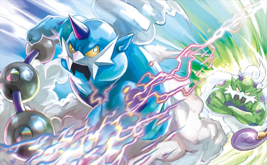anesaki_dynamic creature floating gen_5_pokemon horns legendary_pokemon muscular nintendo no_humans official_art pokemon pokemon_(creature) pokemon_tcg single_horn third-party_source thundurus thundurus_(incarnate) tornadus tornadus_(incarnate) yellow_eyes