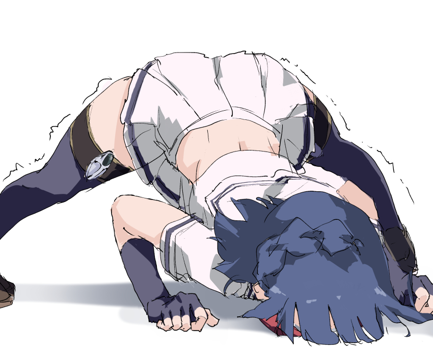 1girl black_gloves black_thighhighs blue_hair braid brown_footwear elbow_gloves face_down fingerless_gloves gloves hands_on_floor highres idol_heroes_(idolmaster) idolmaster idolmaster_million_live! jack-o&#039;_challenge medium_hair midriff mighty_sailor miniskirt nanao_yuriko neckerchief rauto red_neckerchief sailor_collar shirt short_sleeves skirt solo thighhighs top-down_bottom-up trembling white_background white_shirt white_skirt