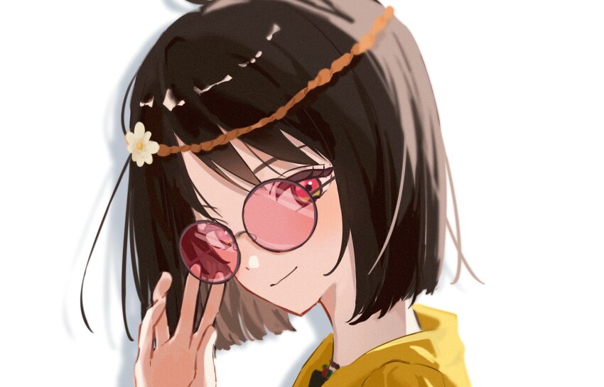 1girl adjusting_eyewear antenna_hair black_hair bob_cut closed_mouth flower hair_flower hair_ornament highres looking_at_viewer osanai_yuki red_eyes round_eyewear shirt shoushimin_series smile solo upper_body white_background yellow_shirt yuuhi_mari