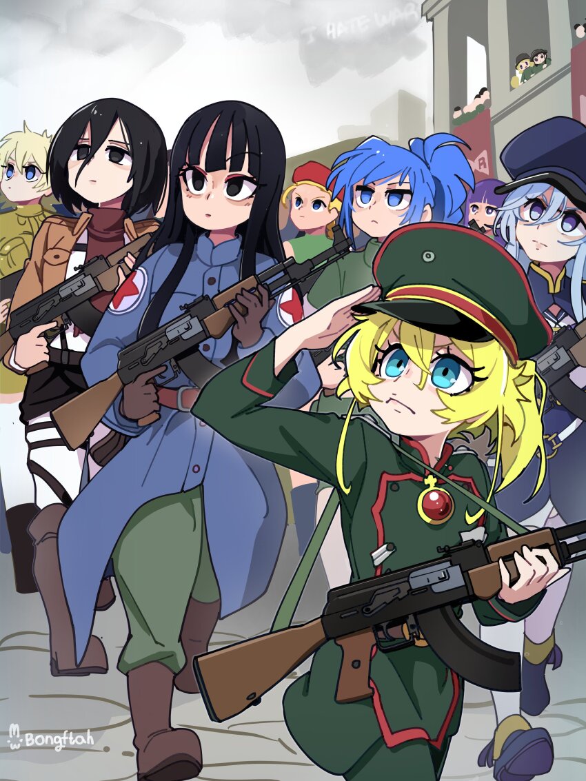 86_-eightysix- absurdres ak-47 artist_name assault_rifle beret black_eyes black_hair blonde_hair blue_eyes blue_hair bongfill cammy_white chito_(shoujo_shuumatsu_ryokou) combat_helmet dragon_ball dragon_ball_(classic) fern_(sousou_no_frieren) goosestepping gun hat hellsing helmet highres holding holding_gun holding_weapon kalashnikov_rifle leona_heidern looking_down mai_(dragon_ball) march mikasa_ackerman military_parade military_uniform multiple_girls parade paradis_military_uniform peaked_cap ponytail rifle salute seras_victoria shoujo_shuumatsu_ryokou sousou_no_frieren stahlhelm street_fighter tanya_degurechaff the_king_of_fighters vladilena_millize weapon youjo_senki yuuri_(shoujo_shuumatsu_ryokou)