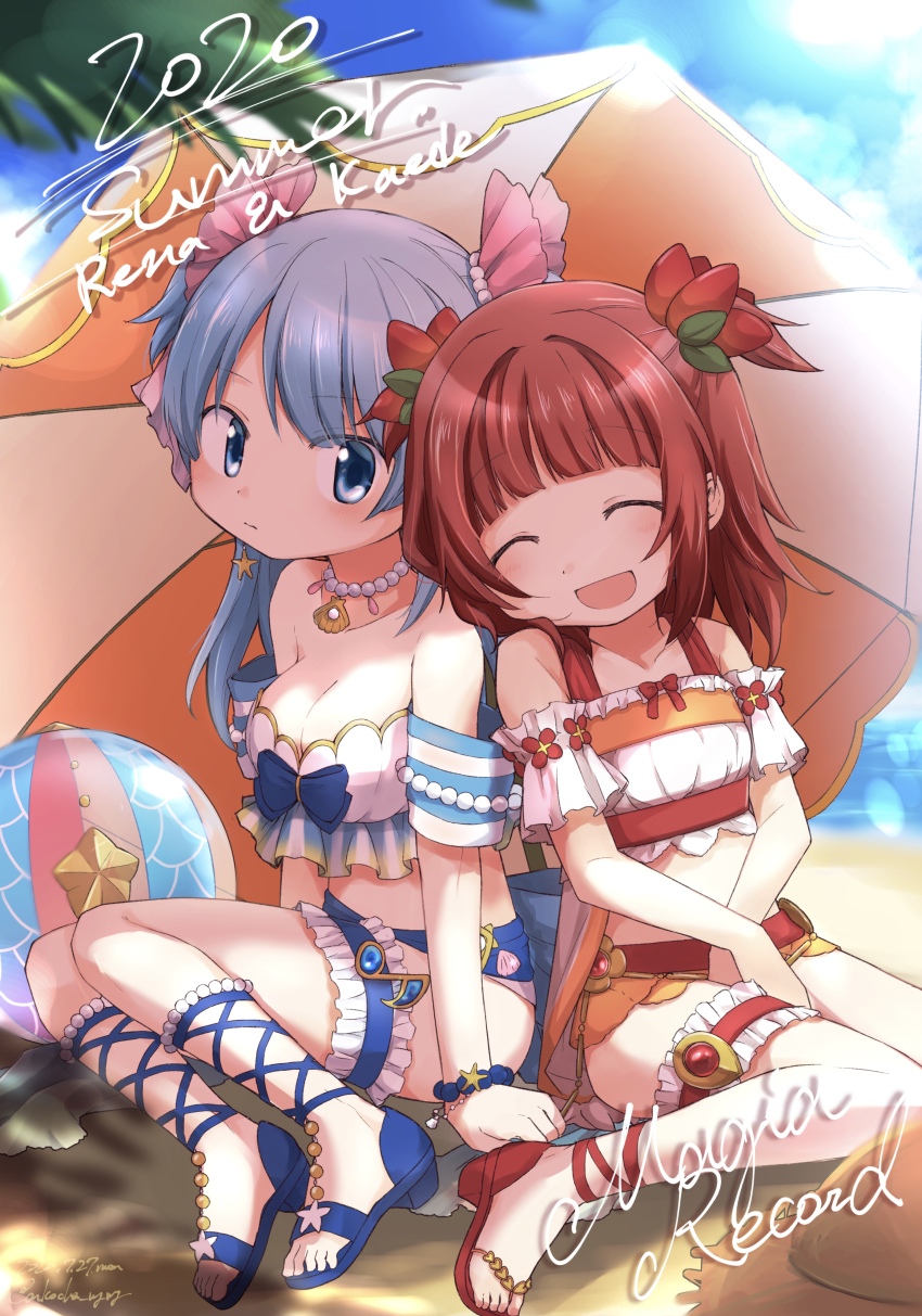 2020 2girls :d absurdres akino_kaede akino_kaede_(swimsuit_ver.) back-to-back bare_shoulders beach beach_umbrella bikini blue_eyes blue_hair blue_sky breasts character_name closed_eyes cloud copyright_name day flower hair_flower hair_ornament hat highres itou_(ankocha-mgmg) large_breasts long_hair magia_record:_mahou_shoujo_madoka_magica_gaiden mahou_shoujo_madoka_magica minami_rena minami_rena_(swimsuit_ver.) multiple_girls ocean official_alternate_costume open_mouth outdoors palm_tree red_hair sandals sitting sky smile straw_hat swimsuit tree two_side_up umbrella