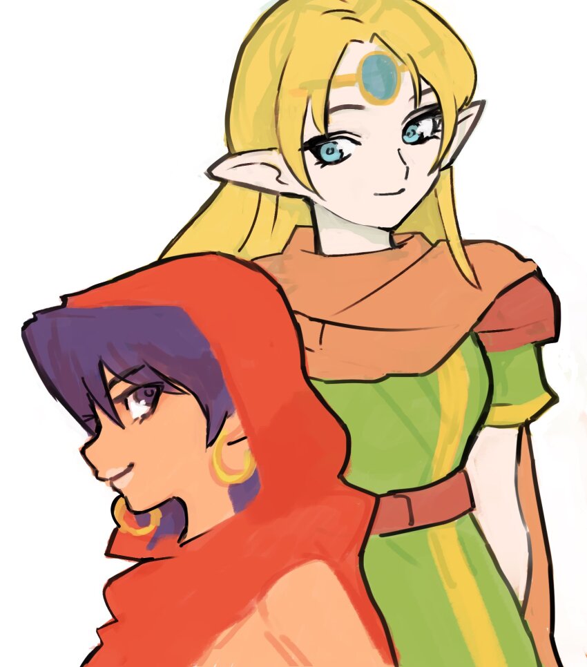 2girls belt blonde_hair blue_eyes brown_cape cape circlet closed_mouth dress dungeons_&amp;_dragons dungeons_&amp;_dragons:_chronicles_of_mystara earrings elf gan2 green_dress highres hood hood_up hoop_earrings jewelry long_hair lucia_(chronicles_of_mystara) moriah_(chronicles_of_mystara) multiple_girls pointy_ears purple_eyes purple_hair red_belt short_sleeves simple_background smile white_background