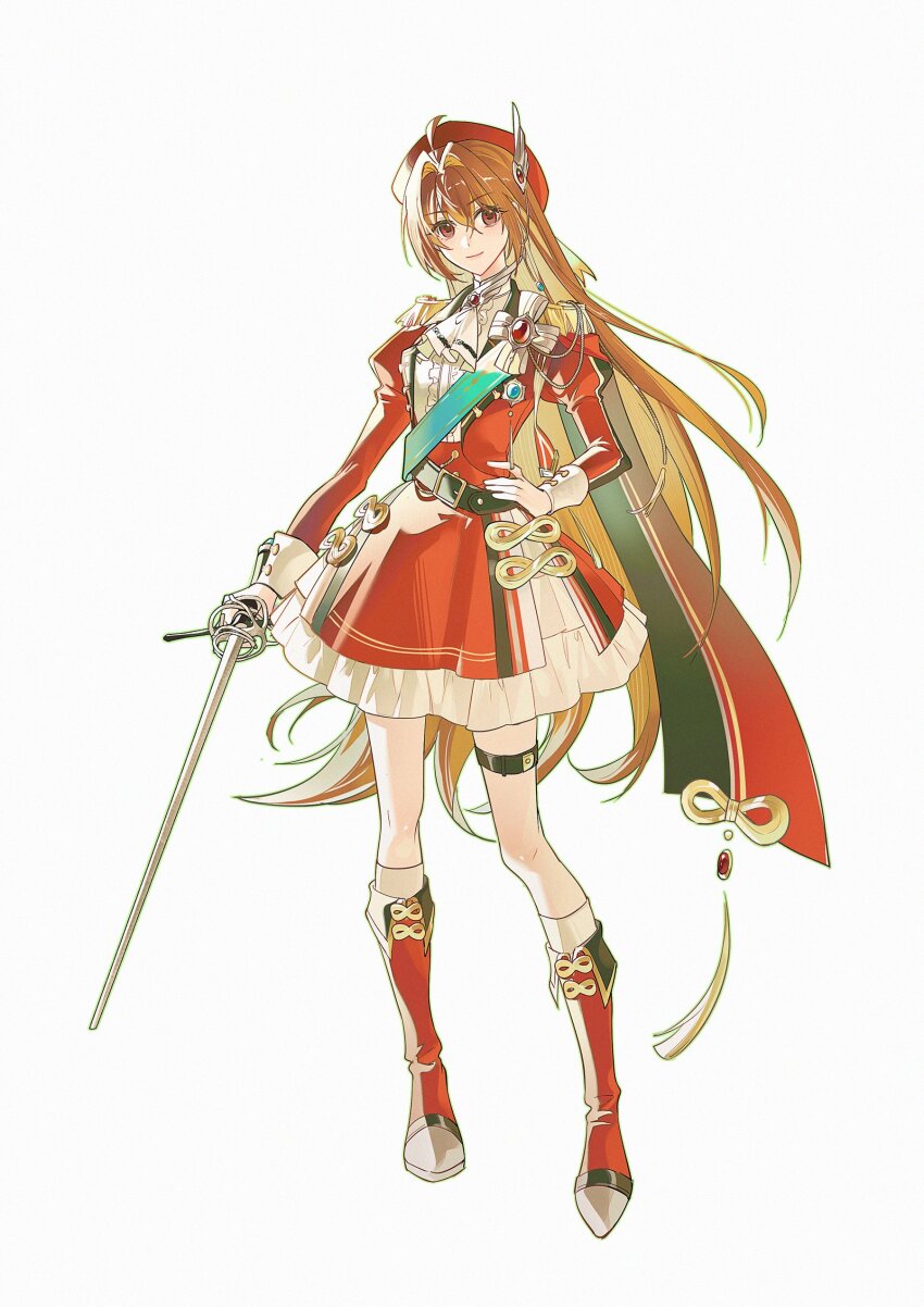 1girl absurdres ahoge antenna_hair beret boots brown_hair cape crossed_bangs curtained_hair double-parted_bangs dress eien_galaxy_ko eiyuu_densetsu epaulettes estelle_bright feather_hair_ornament feathers floating_hair full_body gloves hair_between_eyes hair_ornament hat highres holding holding_sword holding_weapon long_hair neckerchief rapier red_eyes simple_background smile solo sora_no_kiseki sword tachi-e weapon white_background white_gloves
