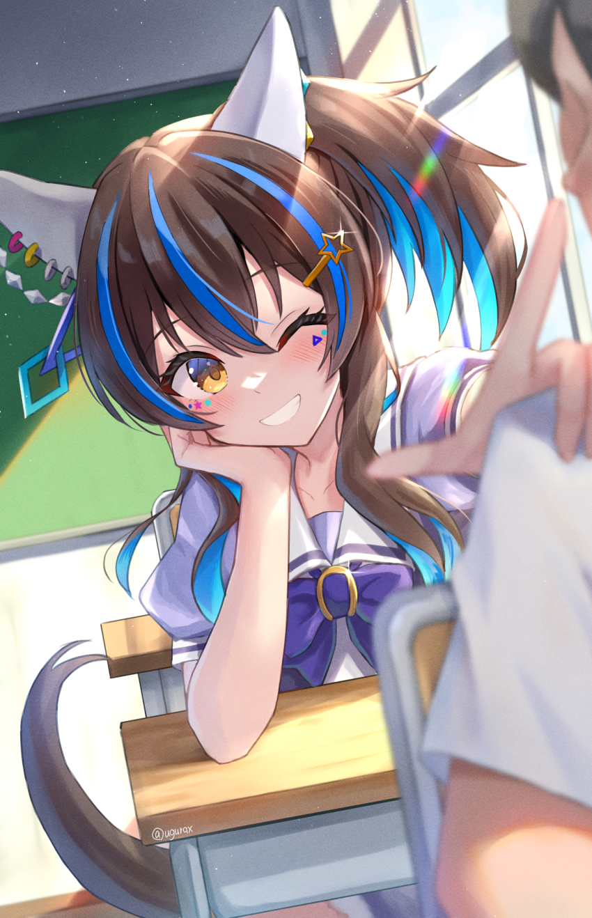 1girl 1other animal_ears blue_hair blush bow bowtie brown_eyes brown_hair chalkboard circle classroom colored_inner_hair commentary_request daitaku_helios_(umamusume) desk ear_covers elbow_rest grin hair_ornament hairclip hand_on_own_cheek hand_on_own_face highres horse_ears horse_girl horse_tail indoors multicolored_hair one_eye_closed purple_bow purple_bowtie school_desk school_uniform short_sleeves sitting smile solo_focus star_(symbol) star_hair_ornament sticker_on_face tail teeth tracen_school_uniform triangle twitter_username two-tone_hair ugura_(ugurax) umamusume