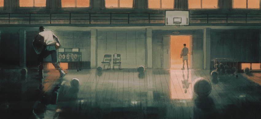 2boys absurdres akagi_takenori ball basketball_(object) basketball_court basketball_hoop black_hair chair chengongzi123 door facing_away from_behind full_body gym highres indoors kogure_kiminobu male_focus multiple_boys shirt shoes short_hair short_sleeves shorts slam_dunk_(series) standing t-shirt very_short_hair wide_shot window wooden_floor