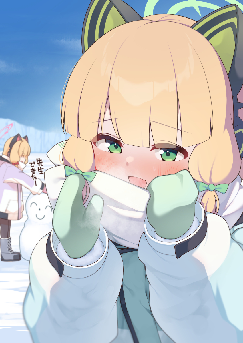 2girls ^_^ absurdres animal_ear_headphones animal_ears aqua_coat black_pantyhose blonde_hair blue_archive blunt_bangs blurry blurry_background blush boots bow breath cat_ear_headphones cat_ears character_snowman closed_eyes clothes_grab coat commentary_request depth_of_field doodle_sensei_(blue_archive) eyes_visible_through_hair fake_animal_ears fur-trimmed_sleeves fur_trim green_bow green_eyes green_halo green_mittens grey_boots hair_bow halo hands_up headphones highres hood hood_down hooded_coat kataage_(kataage_okashi_koujou) lace-up_boots layered_sleeves long_sleeves looking_at_viewer low-tied_sidelocks midori_(blue_archive) midori_(winter)_(blue_archive) mittens momoi_(blue_archive) momoi_(winter)_(blue_archive) multicolored_coat multiple_girls neckwear_grab official_alternate_costume open_mouth outdoors pantyhose pink_halo pink_mittens profile puffy_long_sleeves puffy_sleeves purple_coat red_bow scarf scarf_bow scarf_grab sensei_(blue_archive) siblings sidelocks sisters sky smile snow solo_focus standing steam sweat text_print translation_request twins upper_body white_coat white_scarf winter winter_clothes