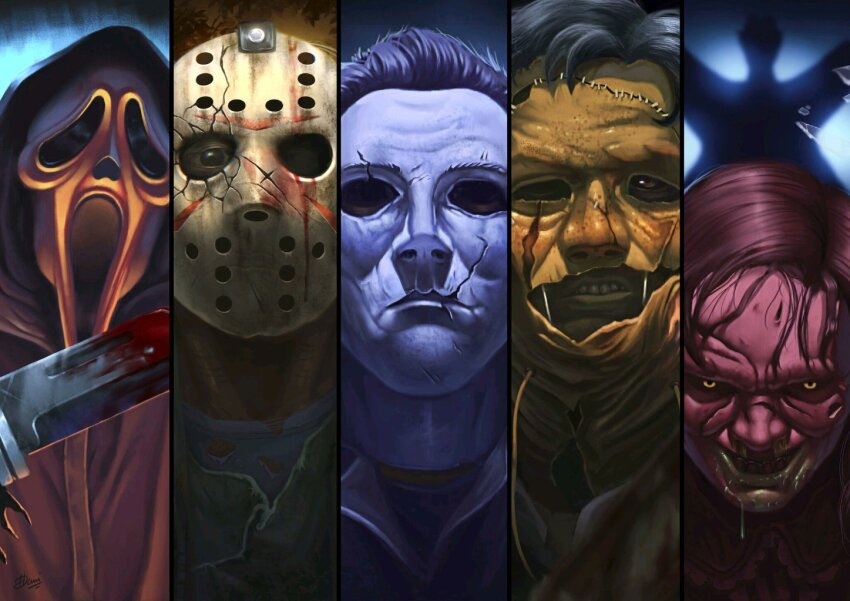 5boys black_border black_hair blood blood_on_clothes blood_on_mask blood_stain bloody_weapon border brown_eyes brown_hair character_request child&#039;s_play chucky cloak commentary english_commentary friday_the_13th ghost_mask ghostface halloween_(movie) hockey_mask holding holding_knife hood hood_up horror_(theme) jason_voorhees knife leatherface looking_at_viewer mask michael_myers multiple_boys saliva scream_(movie) skinned stitches the_texas_chainsaw_massacre weapon white_mask xexumedina yellow_eyes
