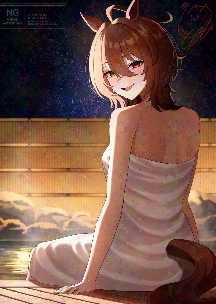 1girl adversarial_noise agnes_tachyon_(umamusume) ahoge alternate_costume animal_ears bare_back breasts clothing_cutout commentary_request hair_between_eyes highres horse_ears horse_girl horse_tail looking_at_viewer looking_back medium_breasts motsushi naked_towel night onsen open_mouth outdoors red_eyes short_hair signature sitting smile soaking_feet solo star_(sky) tail tail_through_clothes towel umamusume watermark