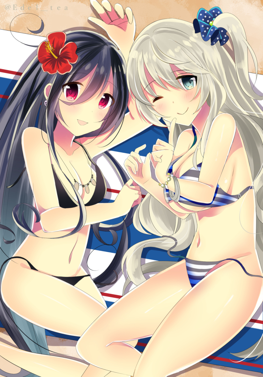 10s 2girls bad_id bad_pixiv_id beach_towel bell bell_earrings bikini black_hair blush bracelet breasts cleavage crossover earrings finger_to_mouth flower fujiyama_ichiha green_eyes hair_flower hair_ornament hair_scrunchie hibiscus highres ichihara_nina idolmaster idolmaster_cinderella_girls index_finger_raised jewelry jingle_bell kazumi_(madoka_magica) large_breasts long_hair looking_at_viewer lying mahou_shoujo_kazumi_magica mahou_shoujo_madoka_magica mahou_shoujo_oriko_magica mikuni_oriko multiple_girls necklace on_side one_side_up open_mouth polka_dot red_eyes scrunchie side_ponytail silver_hair smile striped_bikini striped_clothes swimsuit towel twitter_username underboob untied