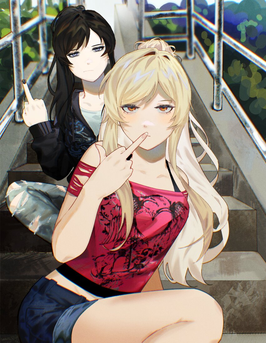 absurdres bare_shoulders black_hair black_jacket black_straps blonde_hair blue_shorts bra_strap class_of_09 closed_mouth denim finger_to_mouth grey_eyes heart heart_print highres jacket jeans jecka_(class_of_09) long_hair long_sleeves looking_at_viewer middle_finger midriff nicole_(class_of_09) orange_eyes outdoors pants pink_shirt railing reil3t shirt short_shorts shorts sitting sitting_on_stairs stairs torn_clothes torn_jeans torn_pants torn_shirt white_shirt