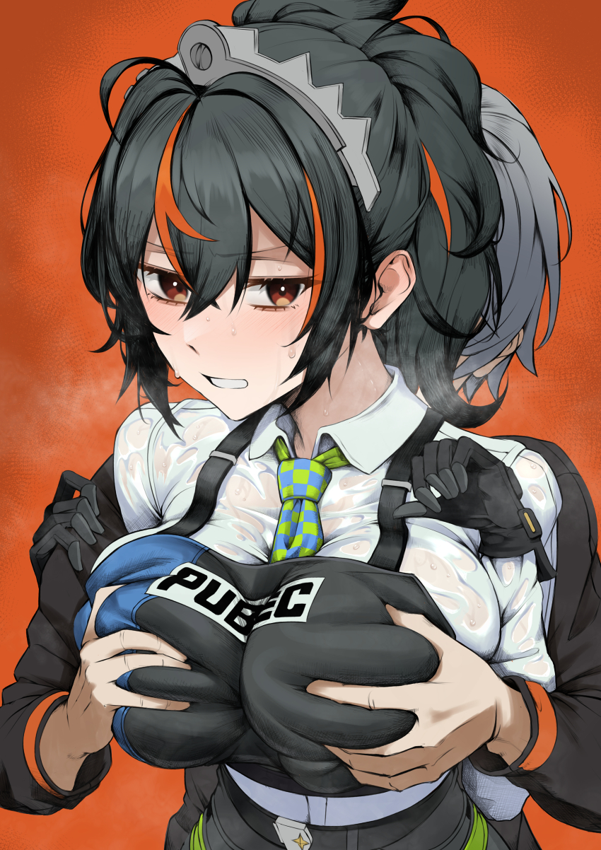 1boy 1girl absurdres black_gloves black_hair black_jacket blush breasts bulletproof_vest checkered_necktie clenched_teeth gloves grabbing_another&#039;s_breast grabbing_from_behind grey_hair groping hairband heavy_breathing highres jacket joji_nyudo large_breasts metal_hairband multicolored_hair necktie open_mouth red_background red_eyes red_hair shirt simple_background streaked_hair sweatdrop teeth upper_body wet wet_clothes wet_shirt wise_(zenless_zone_zero) zenless_zone_zero zhu_yuan