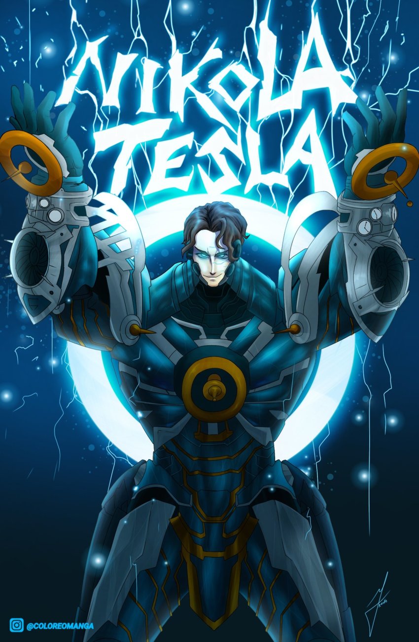 1boy armor black_hair electricity electrokinesis fighting_stance gears glowing glowing_eyes halo highres looking_at_viewer male_focus mecha mechanical_arms mechanical_halo mechanical_legs mechabare muscular muscular_male nikola_tesla_(shuumatsu_no_valkyrie) pale_skin purple_eyes robot serious shuumatsu_no_valkyrie solo tesla_coil