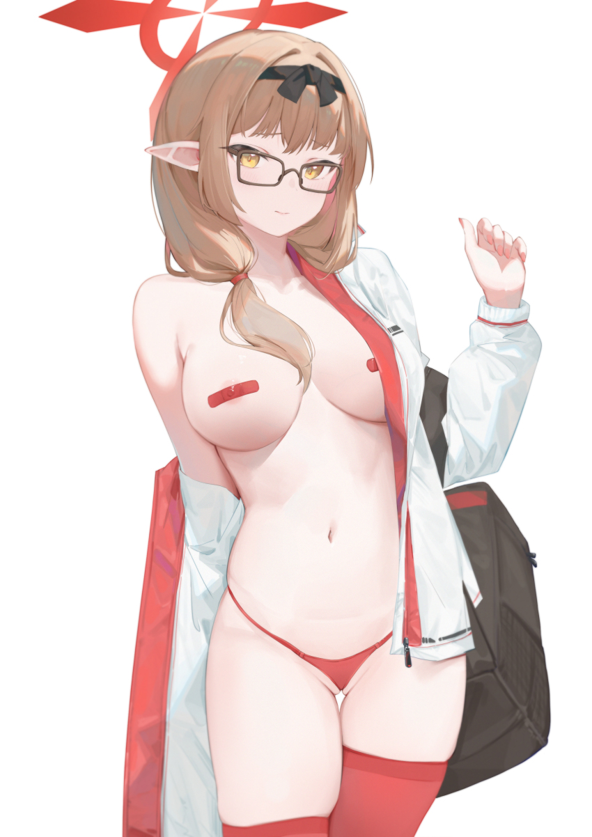 1girl absurdres bag bandaid bandaids_on_nipples black-framed_eyewear black_hairband blue_archive breasts brown_hair chinatsu_(blue_archive) closed_eyes closed_mouth commentary cowboy_shot duffel_bag english_commentary fingernails glasses gravity-q hair_over_shoulder hairband halo hand_up highleg highleg_panties highres jacket large_breasts legs_together long_fingernails long_hair long_pointy_ears long_sleeves looking_at_viewer nail_polish navel off_shoulder open_clothes open_jacket panties pasties pointy_ears red_halo red_nails red_panties red_thighhighs simple_background single_bare_shoulder solo standing string_panties thigh_gap thighhighs underwear very_long_hair white_background white_jacket yellow_eyes