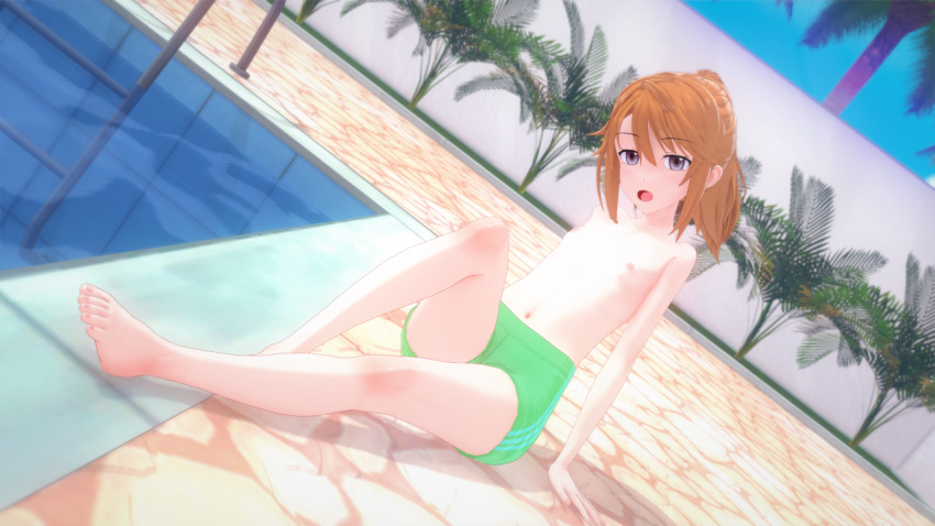 1girl 3d blue_eyes blue_sky breasts character_request crossdressing day feet female_focus flat_chest green_jammers green_male_swimwear idolmaster idolmaster_cinderella_girls jammers male_swimwear male_swimwear_challenge nipples orange_hair outdoors pool sitting sky solo source_request swimsuit tagme topless_female toshi_(sjha1986) water