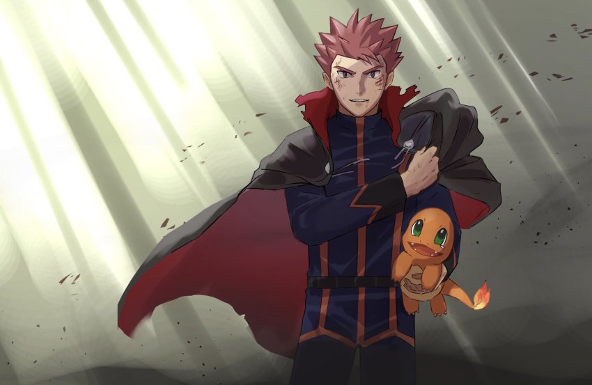 1boy belt cape charmander commentary_request cowboy_shot creatures_(company) flame-tipped_tail floating_cape game_freak gen_1_pokemon hand_up highres holding holding_pokemon imasara_maki jacket lance_(pokemon) light_rays long_sleeves looking_at_viewer male_focus nintendo pants pokemon pokemon_(creature) pokemon_hgss red_hair scrape short_hair spiked_hair