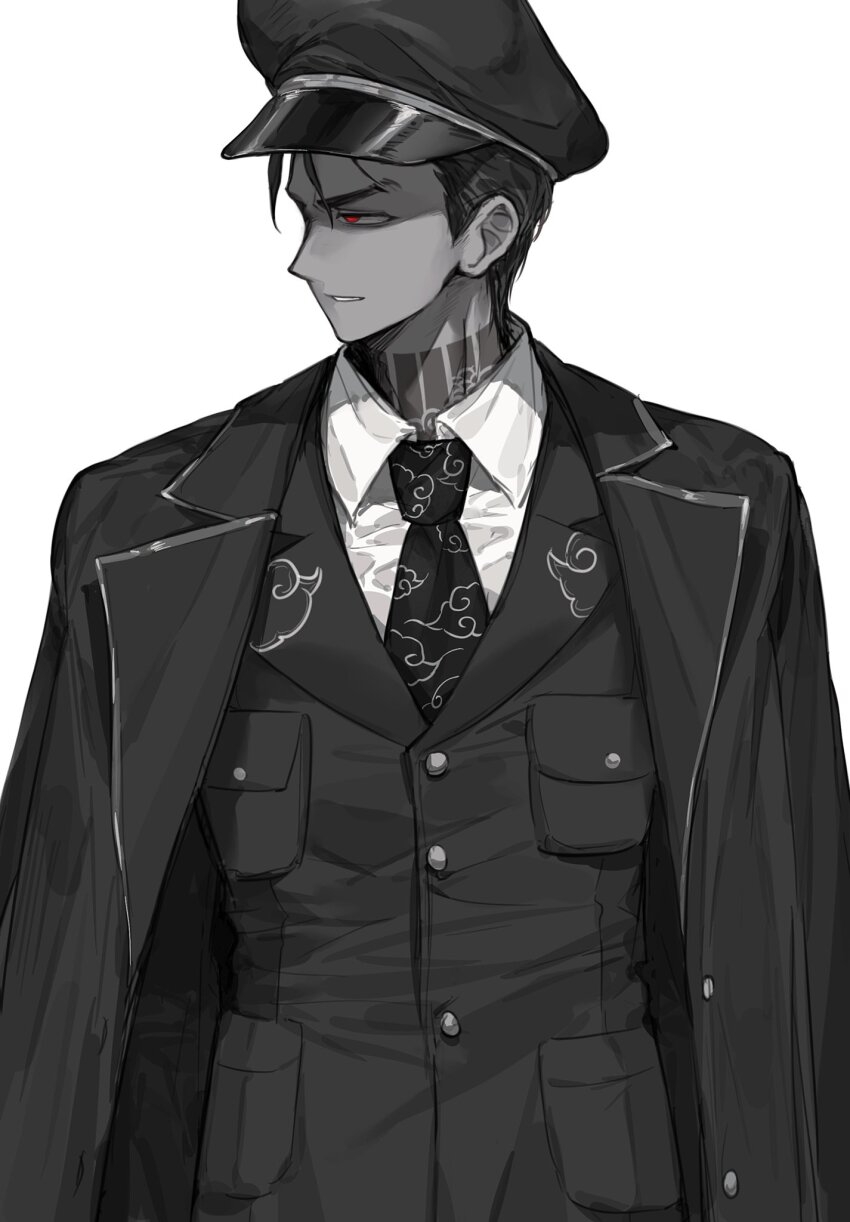 1boy anzekeye black_coat black_hair black_hat black_jacket black_necktie coat coat_on_shoulders collared_shirt colored_skin grey_skin hair_slicked_back hat highres jacket jun_(project_moon) limbus_company looking_to_the_side necktie parted_lips project_moon shirt simple_background solo upper_body white_background white_shirt