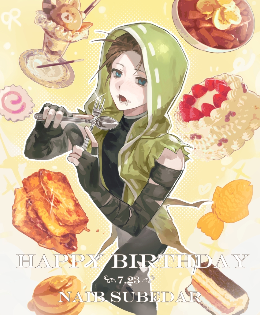 1boy absurdres bandaged_arm bandages black_pants blue_eyes brown_hair cake character_name chinese_commentary commentary_request cowboy_shot egg fingerless_gloves food fork gloves green_jacket hair_slicked_back happy_birthday highres holding holding_fork holding_spoon hood hood_up hooded_jacket identity_v jacket kamaboko male_focus naib_subedar narutomaki open_mouth pancake pants parfait sleeveless sleeveless_jacket sleeveless_turtleneck solo spoon stitched_mouth stitches takoyaki torn_clothes torn_sleeves turtleneck yi_kuan_pp