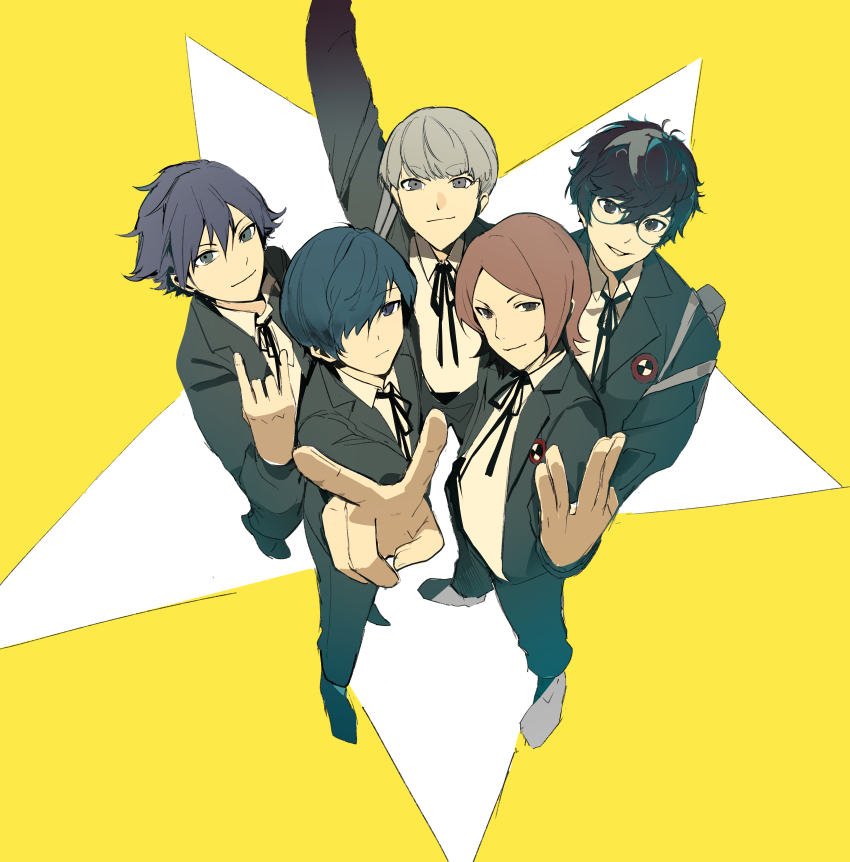 5boys \m/ absurdres amamiya_ren arm_up black_eyes black_hair black_jacket black_pants black_ribbon blue_eyes brown_hair commentary english_commentary fiolox foreshortening glasses grey_eyes grey_hair hair_over_one_eye highres jacket looking_at_viewer multiple_boys narukami_yu pants persona persona_1 persona_2 persona_3 persona_4 persona_5 ribbon school_uniform shirt short_hair smile suou_tatsuya toudou_naoya v white_shirt yellow_background yuuki_makoto_(persona_3)