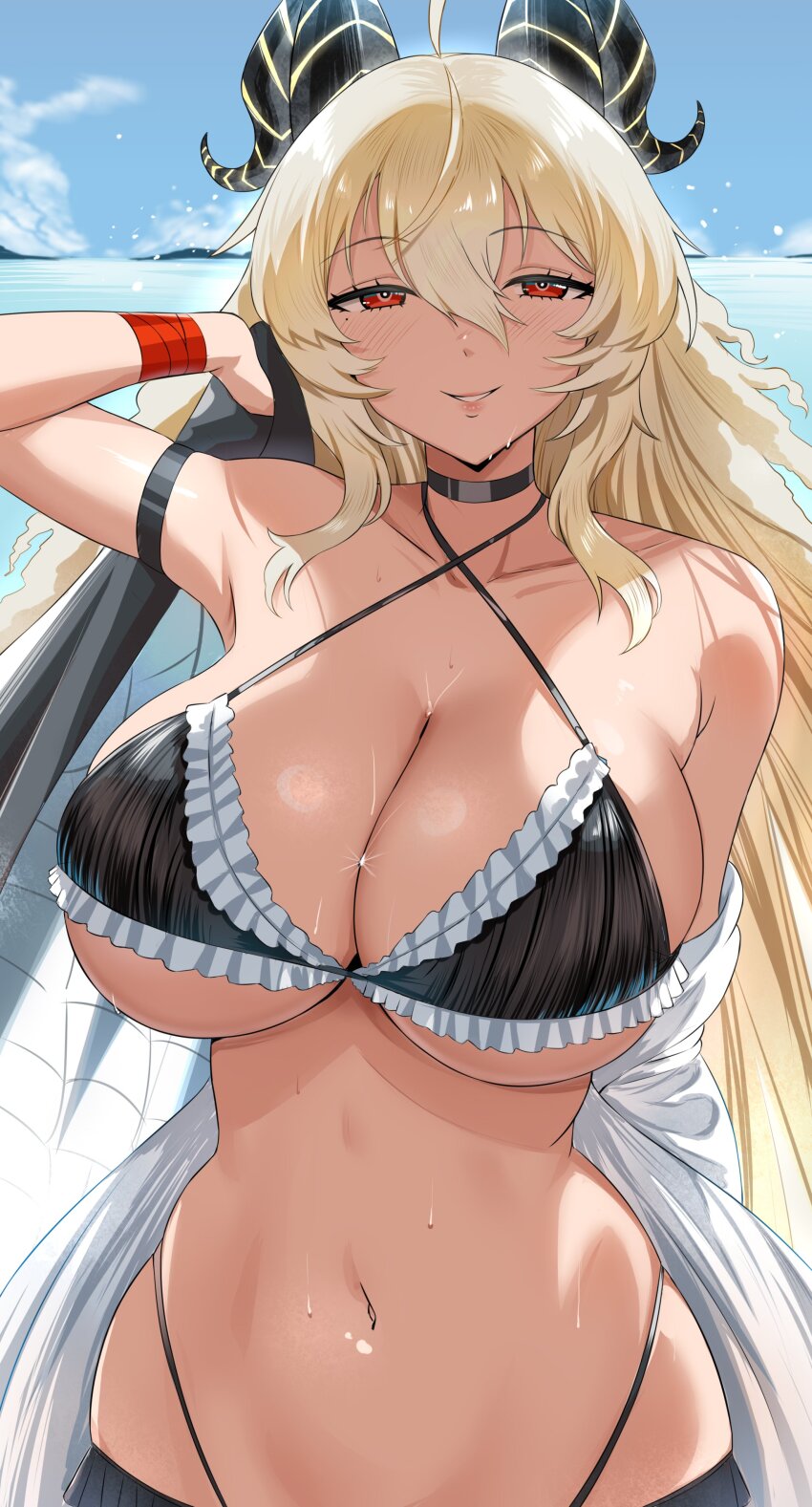1girl absurdres alternate_costume arm_strap bare_shoulders bikini black_bikini black_choker black_horns blonde_hair blue_sky breasts choker cleavage collarbone commentary criss-cross_halter curled_horns day english_commentary hair_between_eyes halterneck hand_up highres holding holding_jacket holding_unworn_clothes horns huge_breasts jacket light_blush long_hair looking_at_viewer micchan_(micchanmeido) mole mole_under_eye navel outdoors parted_lips red_eyes sky smile solo stomach swimsuit unworn_jacket very_long_hair wet wuthering_waves zani_(wuthering_waves)