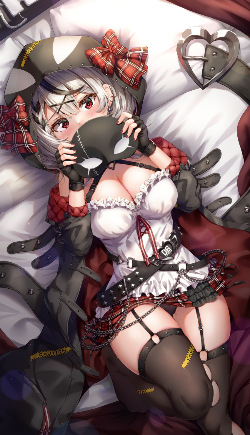 1girl absurdres animal_hood bed bed_sheet belt black_belt black_gloves black_jacket black_panties black_thighhighs blush bow breasts buckle camisole caution chain cleavage covered_mouth earrings eye_mask fingerless_gloves from_above garter_straps gloves hands_up heart heart-shaped_buckle highres holding holding_mask hololive hood jacket jewelry knee_up kuria_(clear_trip_second) large_breasts looking_at_viewer lying mask miniskirt multiple_belts multiple_earrings nail_polish off_shoulder on_back on_bed orca_hood panties pantyshot plaid_bow plaid_clothes plaid_skirt pussy_juice red_eyes red_nails red_skirt sakamata_chloe skirt solo thighhighs torn_clothes torn_thighhighs underwear virtual_youtuber white_camisole