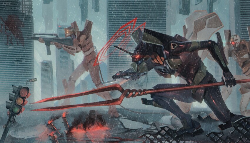 absurdres assault_rifle at_field battle city debris eva_00 eva_01 eva_02 from_side glowing glowing_eyes grey_sky gun highres holding holding_gun holding_knife holding_polearm holding_weapon knife lance_of_longinus_(evangelion) logo mecha mecha_focus neon_genesis_evangelion nerv one-eyed orange_eyes outdoors polearm prog_knife rain red_eyes rifle robot science_fiction sky squatting standing traffic_light user_jsru8742 weapon yellow_eyes
