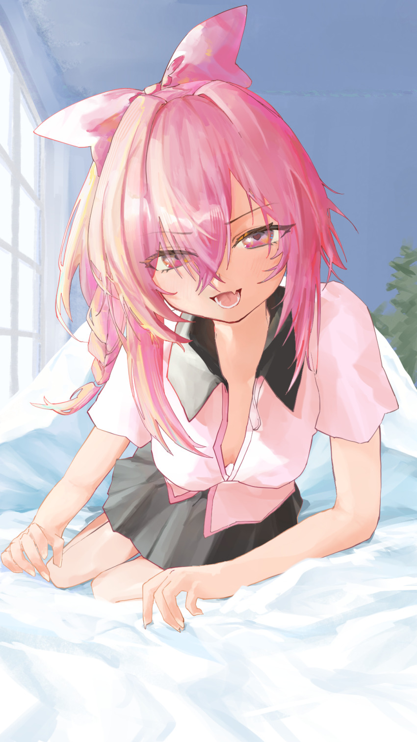1girl black_skirt blue_background bow braid breasts commentary_request cookie_(touhou) downblouse fang full_body hair_between_eyes hair_bow hair_intakes highres indoors long_bangs long_hair looking_at_viewer lower_teeth_only medium_breasts on_bed open_mouth pink_bow pink_eyes pink_hair pink_shirt sasorihime_(cookie) shirt short_sleeves side_braid single_braid skin_fang skirt smile solo teeth whiterolo window