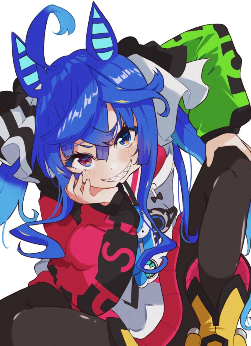 1girl @_@ ahoge animal_ears bad_id bad_twitter_id black_pantyhose blue_eyes blue_hair boots bow crossed_bangs drawstring feet_out_of_frame grin hair_between_eyes hair_bow hand_on_own_chin hand_on_own_knee heterochromia highres hood hoodie horse_ears horse_girl inactive_account knee_up long_hair long_sleeves looking_at_viewer multicolored_hoodie pantyhose purple_eyes sharp_teeth sidelocks simple_background sitting smile solo striped_bow stuffed_animal stuffed_rabbit stuffed_toy teeth twin_turbo_(umamusume) twintails umamusume white_background yellow_boots zono_(inokura_syuzo029)