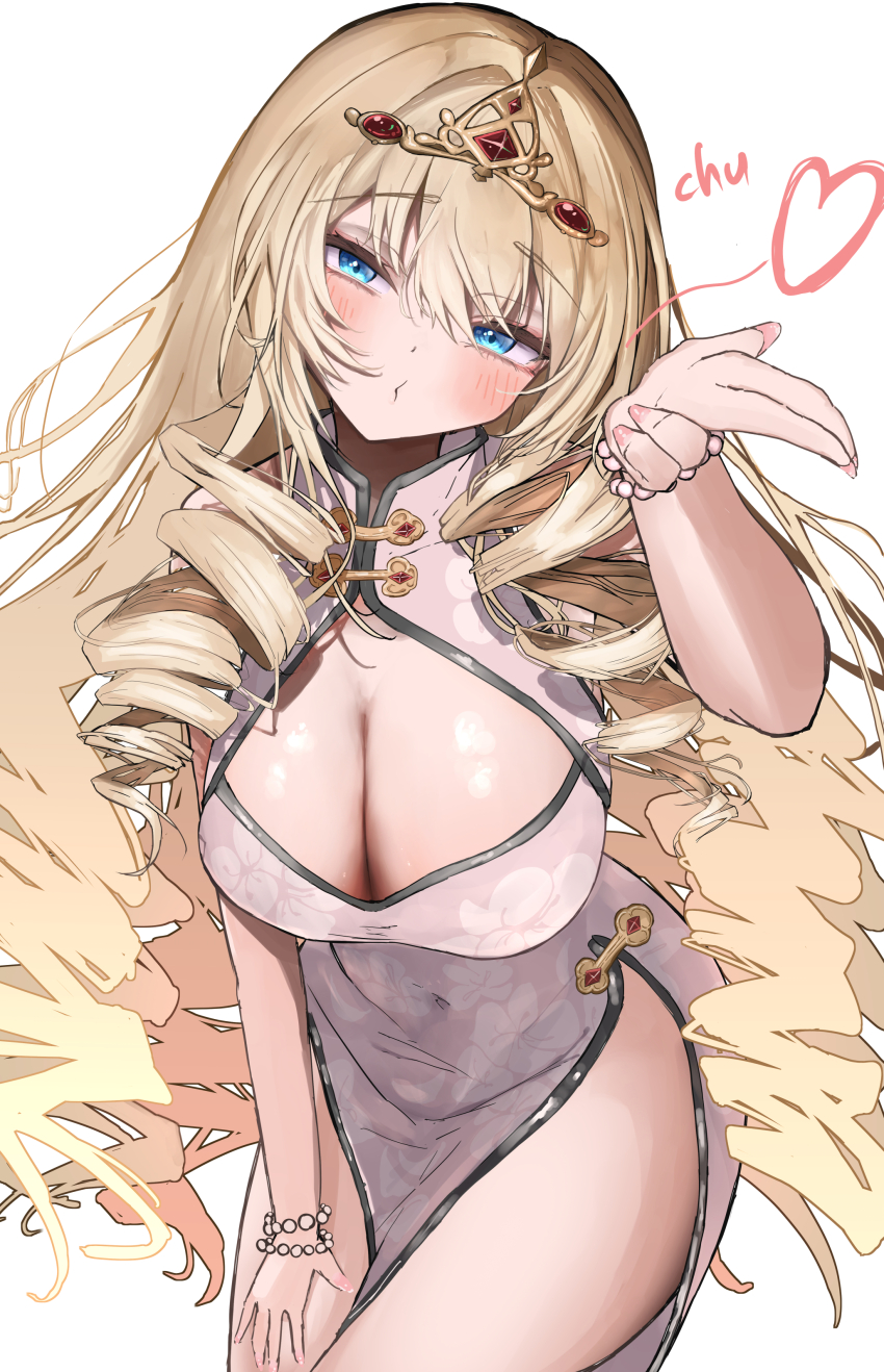 1girl absurdres alternate_costume blonde_hair blowing_kiss blue_eyes blush covered_navel crown_(nikke) dress drill_hair goddess_of_victory:_nikke heart highres iwazaki pelvic_curtain simple_background solo white_background white_dress
