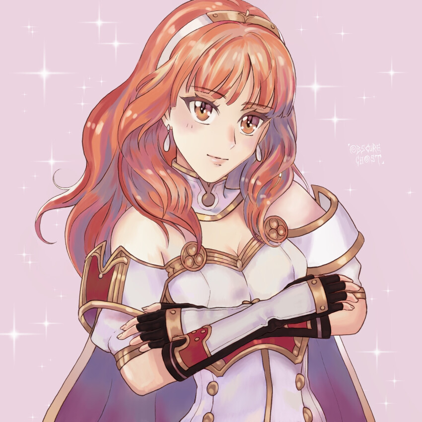 1girl armor breastplate cape celica_(fire_emblem) choker crossed_arms dress earrings fingerless_gloves fire_emblem fire_emblem_echoes:_shadows_of_valentia gloves highres jewelry long_hair nintendo obscure_ghost orange_eyes orange_hair princess red_eyes red_hair sparkle tiara white_armor white_dress