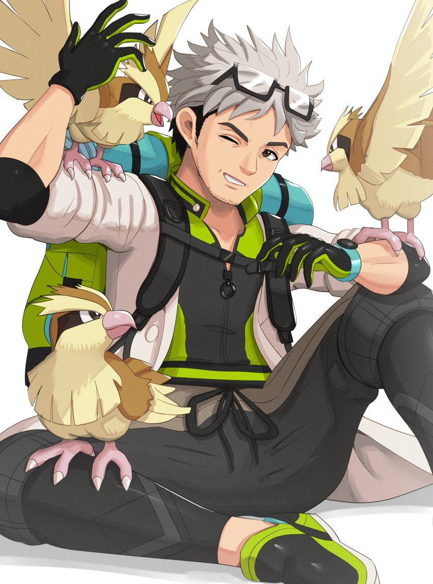 1boy absurdres backpack bag black-framed_eyewear black_gloves black_hair buttons coat commentary_request eyewear_on_head facial_hair gen_1_pokemon glasses gloves gonzarez grey_hair highres male_focus multicolored_hair nintendo one_eye_closed open_clothes open_coat pants pidgey pokemon pokemon_(creature) pokemon_go pokemon_on_arm pokemon_on_leg shoes short_hair sitting smile spread_legs two-tone_hair undercut professor_willow