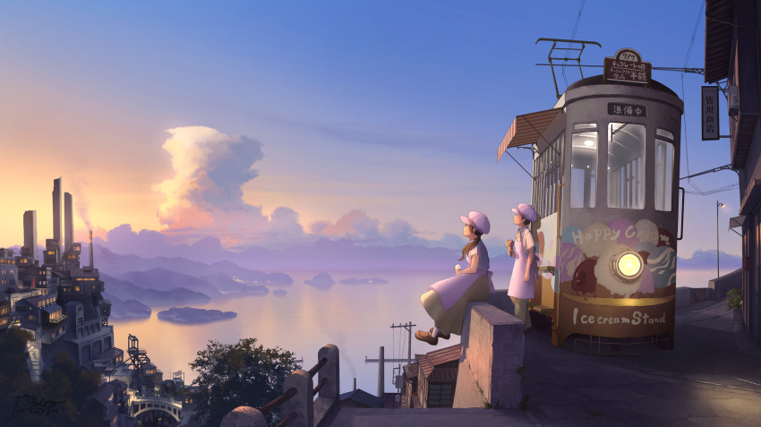 1boy 1girl apron awning blue_sky brown_hair cloud condenser_unit cumulonimbus_cloud dated dawn dress from_side green_dress green_pants hair_over_shoulder hat highres house long_dress long_hair looking_ahead low-tied_long_hair morning mountainous_horizon ocean original outdoors pants pochi_(poti1990) profile railing scenery shadow shop short_hair sign signature sitting_on_wall sky smokestack stone_wall tree utility_pole white_apron white_hat wide_shot