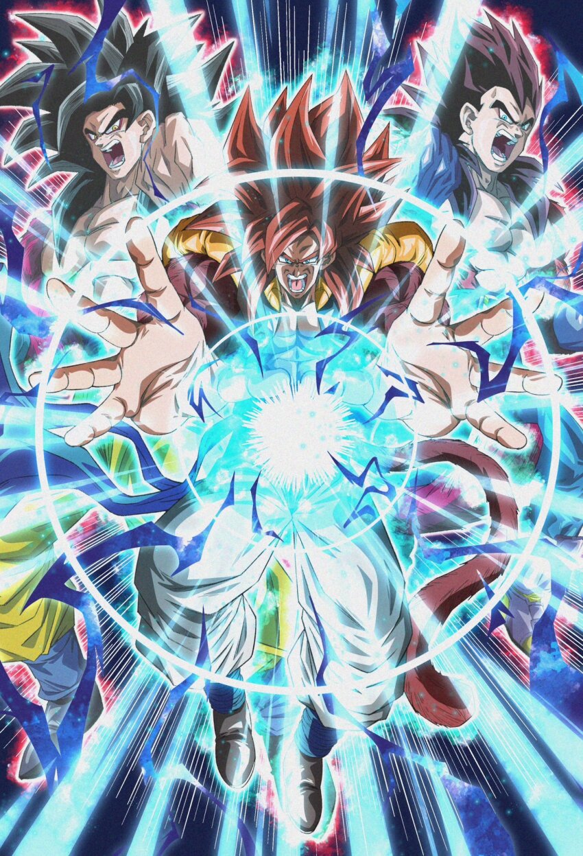 araaaa453 big_bang_kamehameha blue_sash body_fur dougi dragon_ball dragon_ball_gt full_body gloves gogeta green_eyes highres kamehameha_(dragon_ball) long_hair male_focus metamoran_vest monkey_boy monkey_tail multiple_boys muscular muscular_male pants red_fur red_tail saiyan sash son_goku spiked_hair super_saiyan super_saiyan_4 tail vegeta yellow_pants