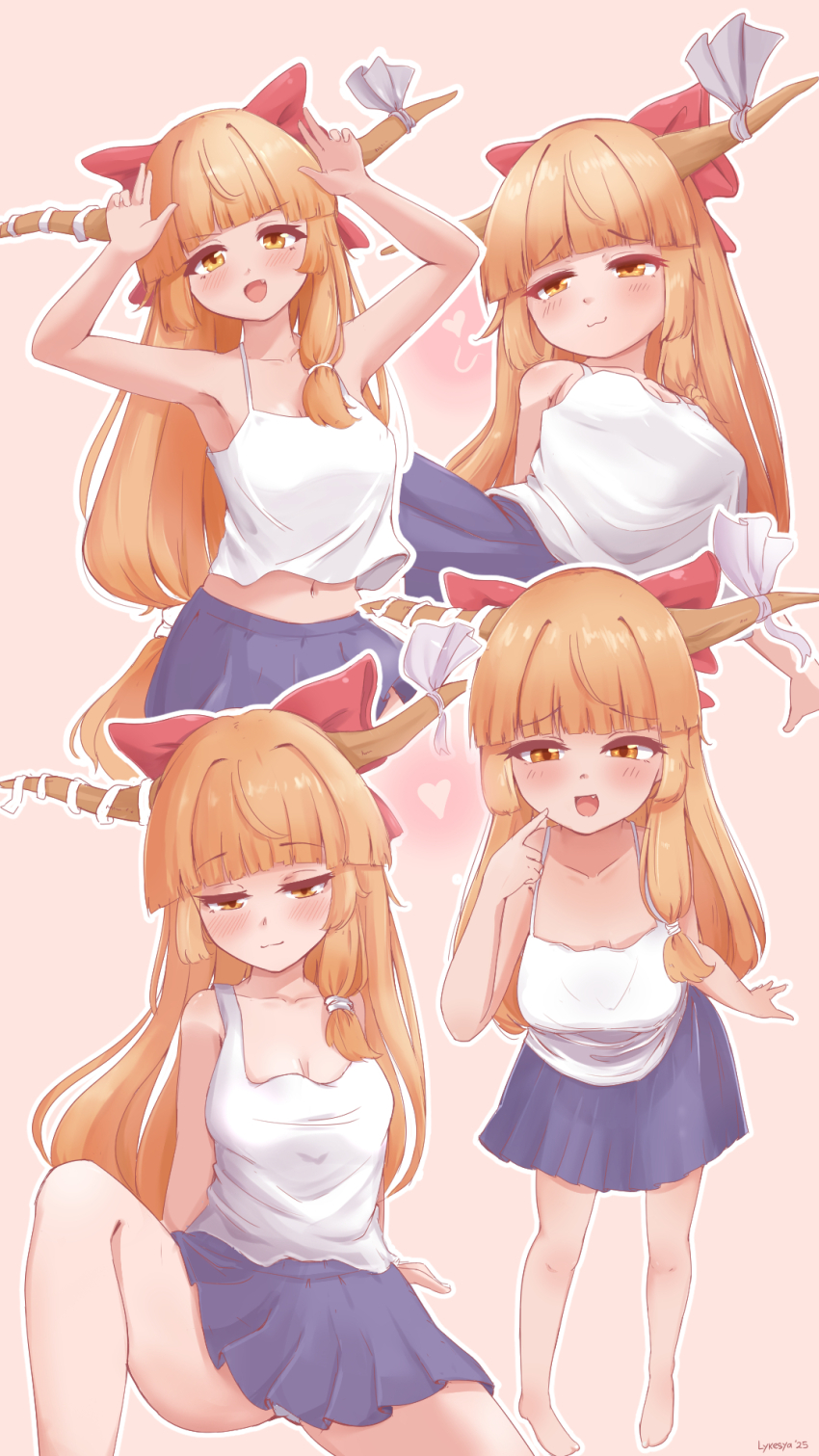 1girl :3 alternate_costume blue_skirt blunt_bangs blush bow breasts brown_horns cleavage closed_mouth commentary feet_out_of_frame hair_bow hair_intakes half-closed_eyes heart highres horn_bow horn_ornament horns horns_pose ibuki_suika long_hair looking_at_viewer low-tied_long_hair lykesya medium_breasts navel open_mouth orange_eyes orange_hair pink_background red_bow sidelocks sitting skirt smile smug standing symbol-only_commentary tank_top touhou very_long_hair white_bow white_tank_top