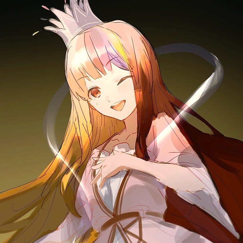 1girl black_background blunt_bangs brown_eyes brown_hair commentary crown dress galaco galaco_(neo) hagoromo hand_on_own_chest highres kakine long_hair multicolored_hair one_eye_closed open_mouth pink_dress shawl smile solo streaked_hair very_long_hair vocaloid