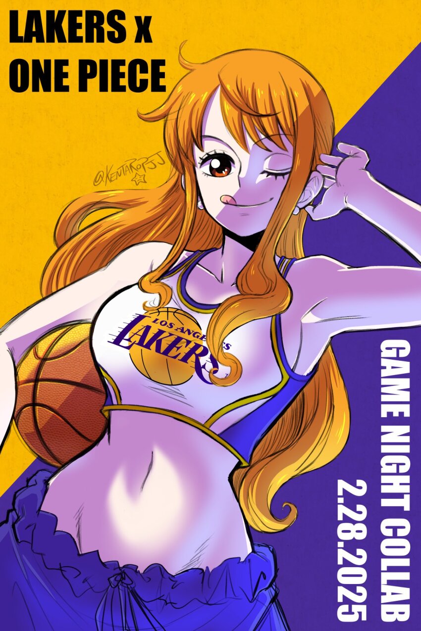 1girl adjusting_hair ball bare_arms bare_shoulders basketball basketball_(object) basketball_uniform breasts brown_eyes closed_mouth collarbone copyright_name dated earrings english_text hand_up hashtag-only_commentary highres holding holding_ball james_valle jewelry large_breasts long_hair looking_at_viewer los_angeles_lakers midriff nami_(one_piece) national_basketball_association navel one_eye_closed one_piece orange_hair pearl_earrings sidelocks smile solo sportswear tank_top tongue tongue_out twitter_username upper_body wavy_hair white_tank_top
