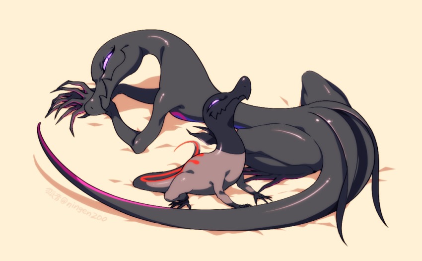 artist_name evolutionary_line gen_7_pokemon ko-on_(ningen_zoo) lizard lizard_tail nintendo no_humans pokemon pokemon_(creature) pokemon_sm purple_eyes salandit salazzle simple_background slit_pupils smile tail twitter_username yellow_background