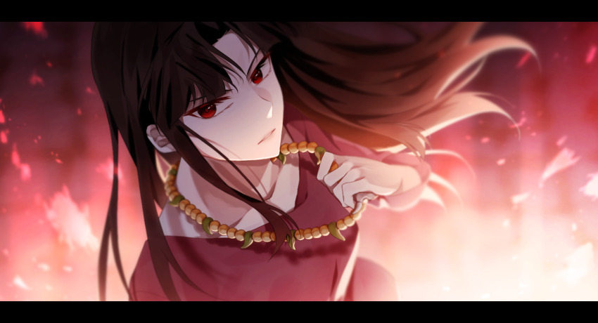 1girl bacon_(cnzxvy) bead_necklace beads black_border blunt_bangs blurry blurry_background border brown_hair commentary depth_of_field english_commentary fire floating_hair from_above holding holding_jewelry holding_necklace jewelry koizumi_akako long_hair long_sleeves looking_to_the_side magic_kaito necklace parted_bangs red_eyes red_shirt shirt solo