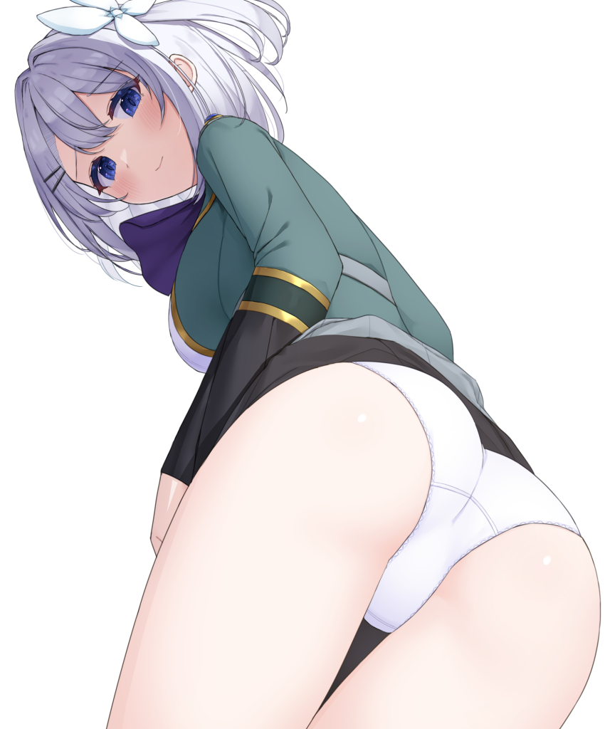 1girl ascot asigaru3000 ass blue_eyes breasts closed_mouth clothes_lift from_below green_jacket grey_hair hair_intakes hair_ribbon highres hikikomari_kyuuketsuki_no_monmon jacket large_breasts light_smile long_sleeves looking_at_viewer one_side_up panties purple_ascot ribbon sakuna_memoire short_hair simple_background skirt skirt_lift solo thighs underwear white_background white_panties