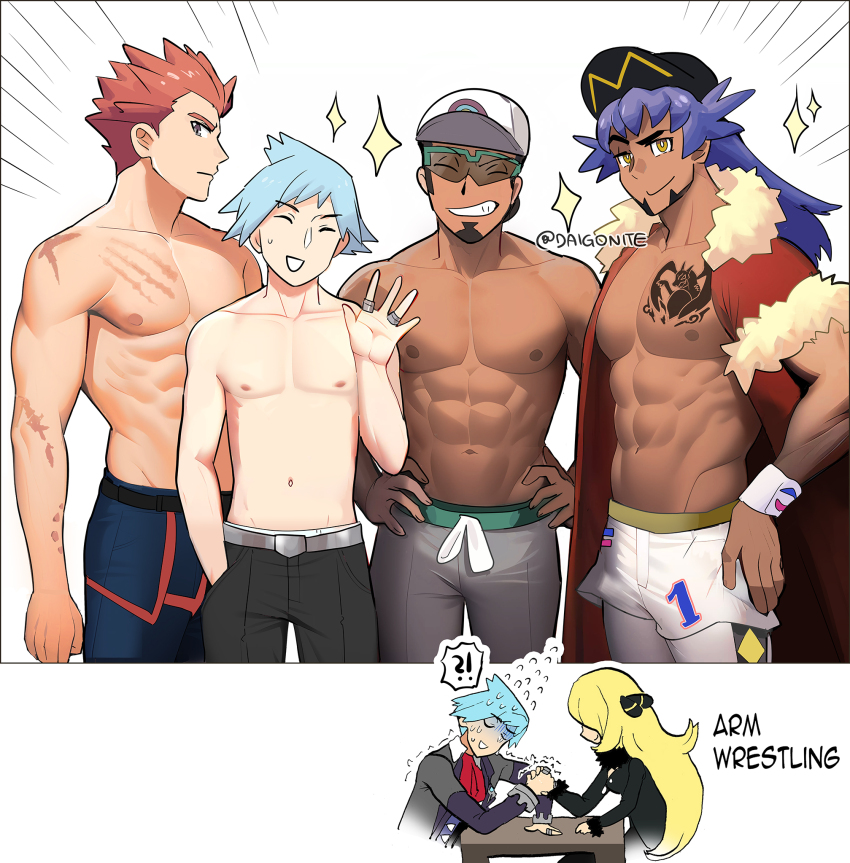 !? 1girl 4boys abs arm_wrestling baseball_cap belt black_hair black_pants blonde_hair blue_hair blue_pants cape chest_tattoo closed_eyes commentary cynthia_(pokemon) dynamax_band emphasis_lines english_commentary english_text facial_hair flying_sweatdrops goatee goro_orb grey_belt grey_pants grin hand_in_pocket hands_on_own_hips hat highres jewelry kukui_(pokemon) lance_(pokemon) leggings leon_(pokemon) male_focus multiple_boys multiple_rings muscular muscular_male navel nintendo nipples pants pectorals pokemon pokemon_dppt pokemon_hgss pokemon_oras pokemon_sm pokemon_swsh purple_hair red_cape red_hair ring scar scar_on_chest short_hair shorts smile sparkle speech_bubble spiked_hair spoken_interrobang steven_stone sunglasses sweat tattoo teeth topless_male trembling twitter_username white_shorts wristband