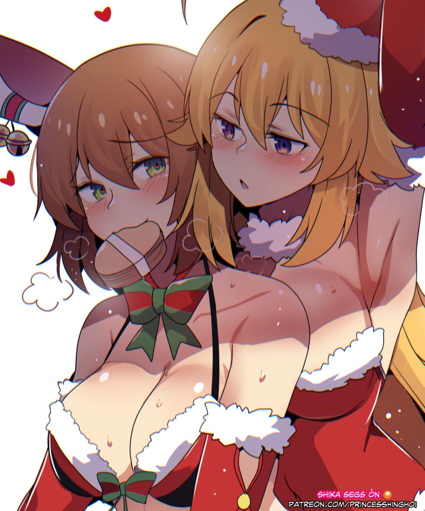 antlers bikini blonde_hair blush breasts brown_hair christmas cleavage collarbone couple deer deer_antlers deer_cracker deer_girl dress fur-trimmed_dress fur-trimmed_headwear fur_trim gift hat heart heart-shaped_pupils highres hinghoi horns koshi_torako large_breasts long_hair merry_christmas multiple_girls open_mouth red_dress red_hat santa_bikini santa_costume santa_dress santa_hat shikanoko_noko shikanoko_nokonoko_koshitantan short_hair skirt symbol-shaped_pupils yuri