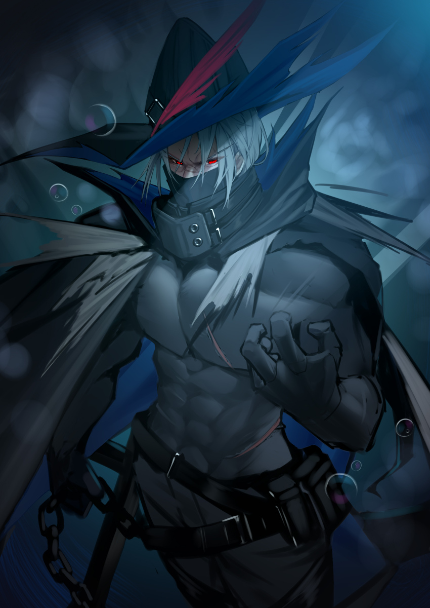 1boy absurdres angry arknights belt black_gloves black_hat black_pants black_shirt boki-jg covered_mouth cowboy_shot glaring gloves grey_hair hand_up hat highres looking_at_viewer male_focus mask mouth_mask pants red_eyes scar scar_on_face scar_on_nose shirt short_hair solo tight_clothes torn_clothes torn_hat two-sided_fabric two-sided_headwear ulpianus_(arknights)